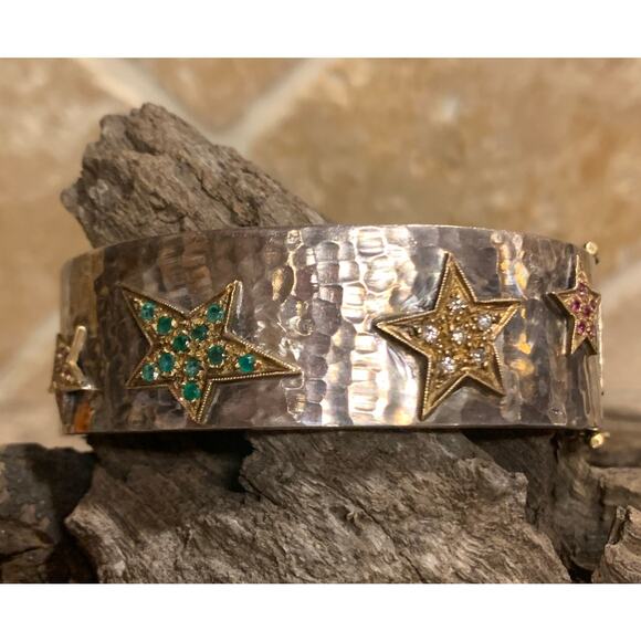 18K Gold, Sterling Silver and Multi Precious Stone Bracelet - Picture 2 of 11